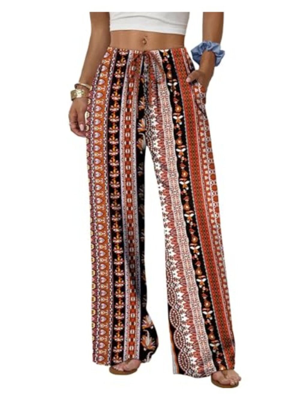 Wide Leg Palazzo Pants Drawstring Elastic Waist Flowy Trousers with Pockets